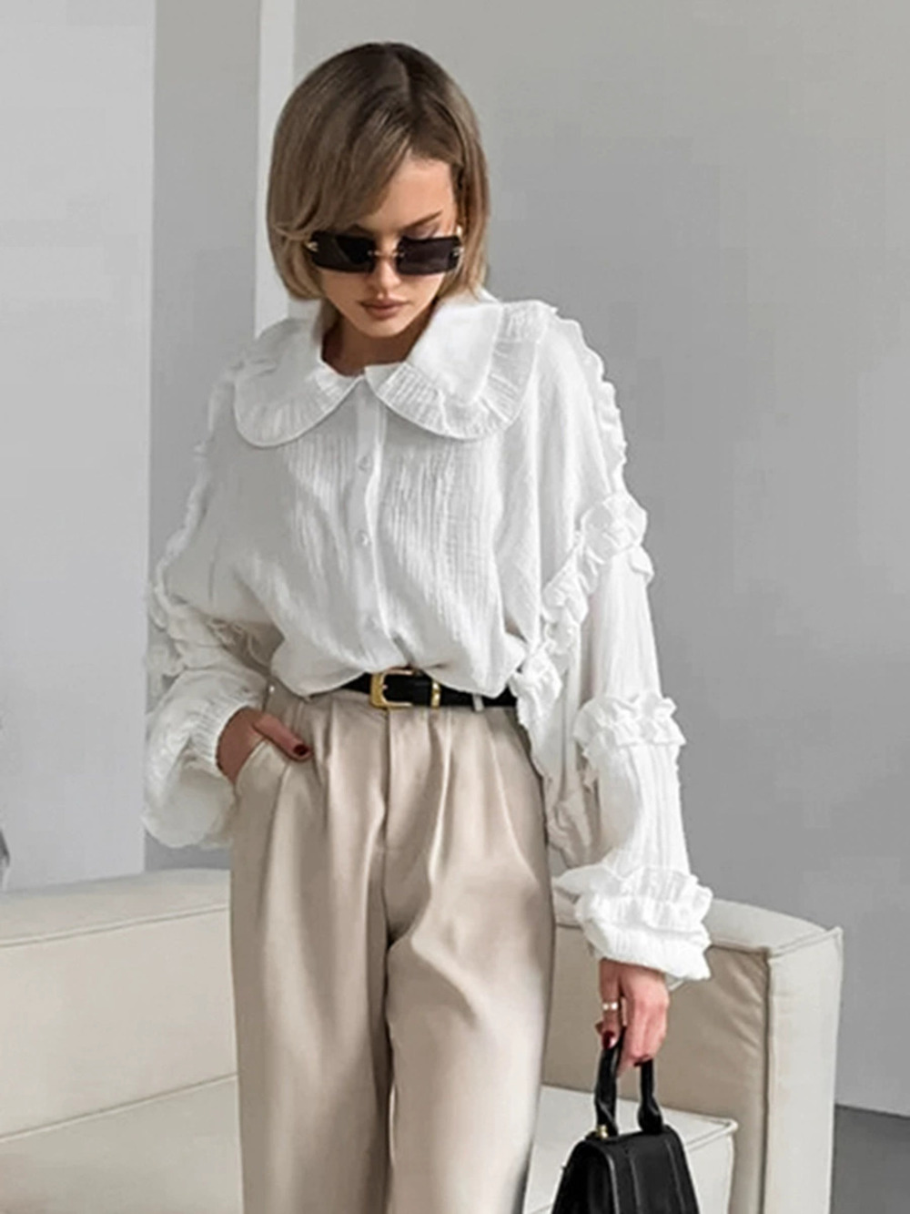 Forever 21 Spring Ruffle Peter Pan Collar Blouse Loose Fit Seersucker White